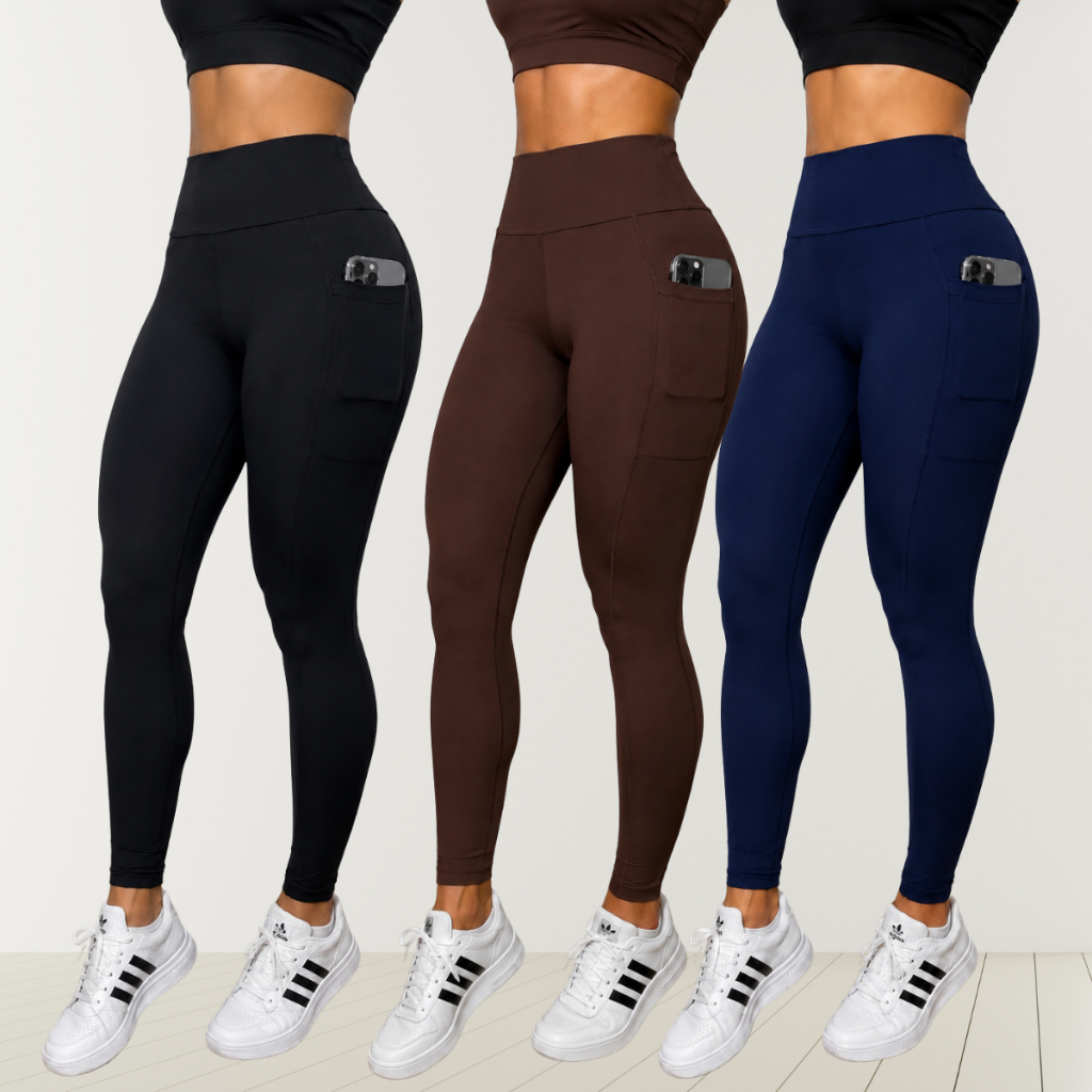 Kit 03 Calças Legging Feminina Fitness Suplex Cintura Alta Bolso Lateral Zero Transparência Cós Duplo