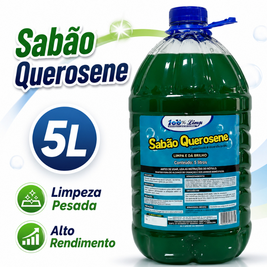 Sabão Querosene 5L 100% Limp Limpeza Pesada Alto Rendimento Remove Gordura e Sujeira Dá Brilho