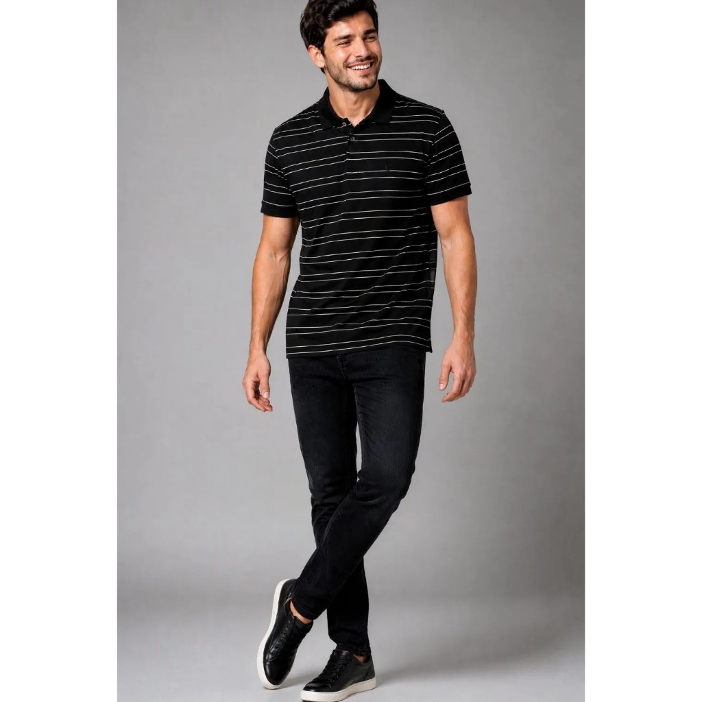 Polo Piquet Masculina Listrada Polo Wear Preto · foto 2