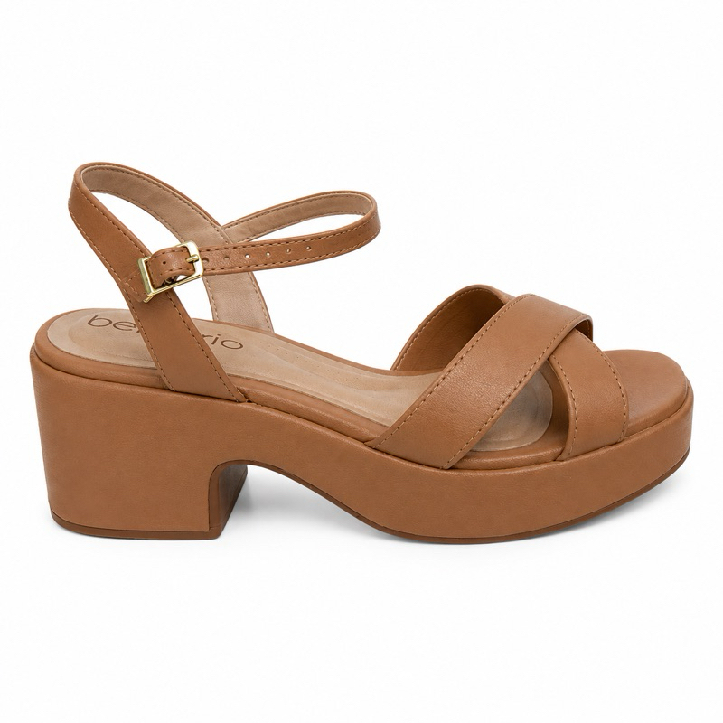 Sandália Feminina Beira Rio Plataforma Salto Grosso Caramelo Tiras Cruzadas Confortável Casual Elegante
