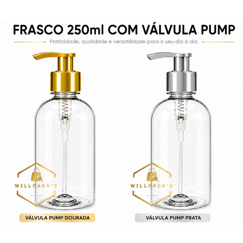 Frasco Pet 500 ml C/ Válvula Pump Metalizada Saboneteira, Álcool Gel, Creme, etc...