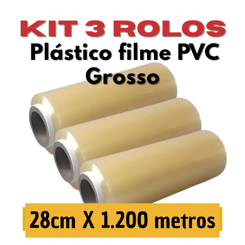 Kit 3 Rolos Bobina Plastico Filme Pvc 28cm X 400 METROS Esticavel / Resistente