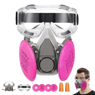 Máscara antipoeira e antigases modelo 6200 rosa + Óculos de segurança + 2 filtros antipoeira + Tampões auriculares