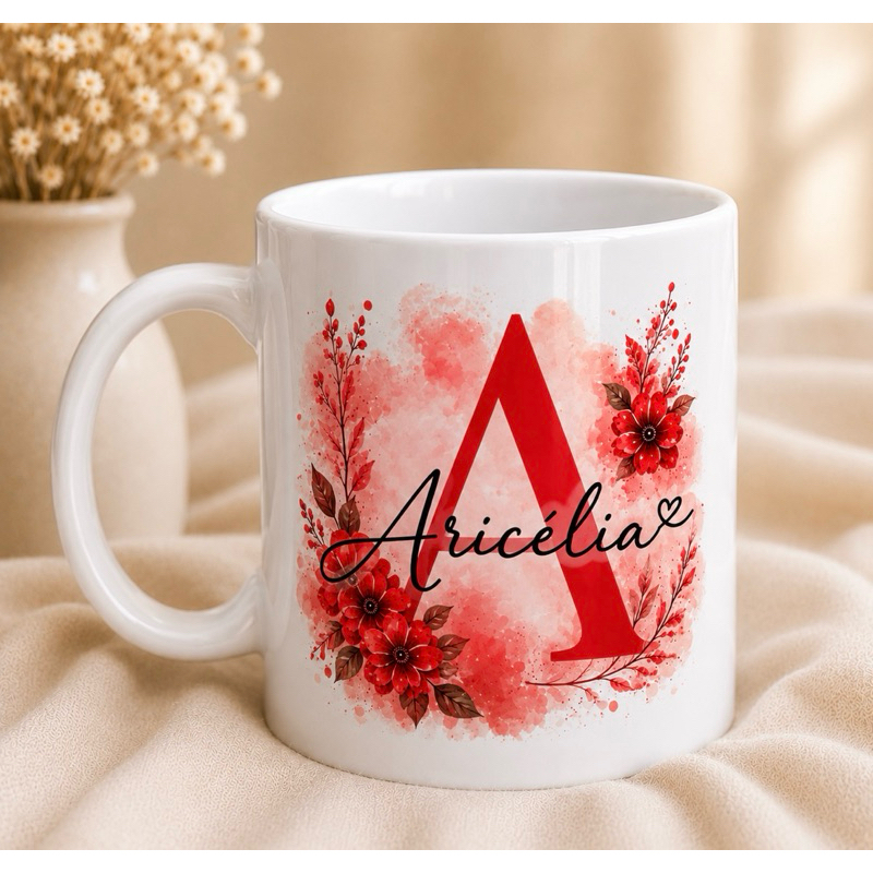 Caneca personalizada, caneca com nome, caneca feminina, presente personalizado, caneca floral, caneca com letra