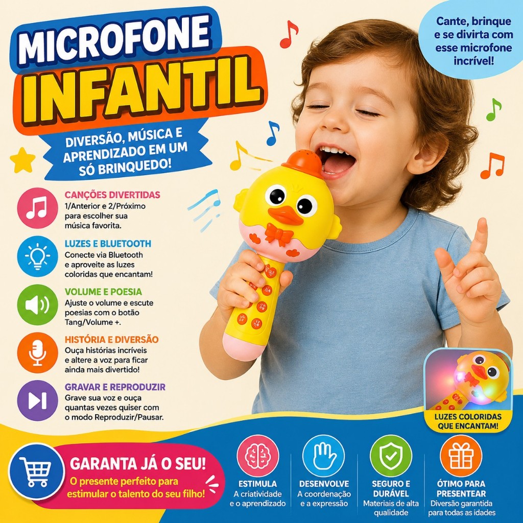 Microfone Infantil Bluetooth Passarinho Karaokê Com Luzes Efeito De Voz Bateria Recarregavel