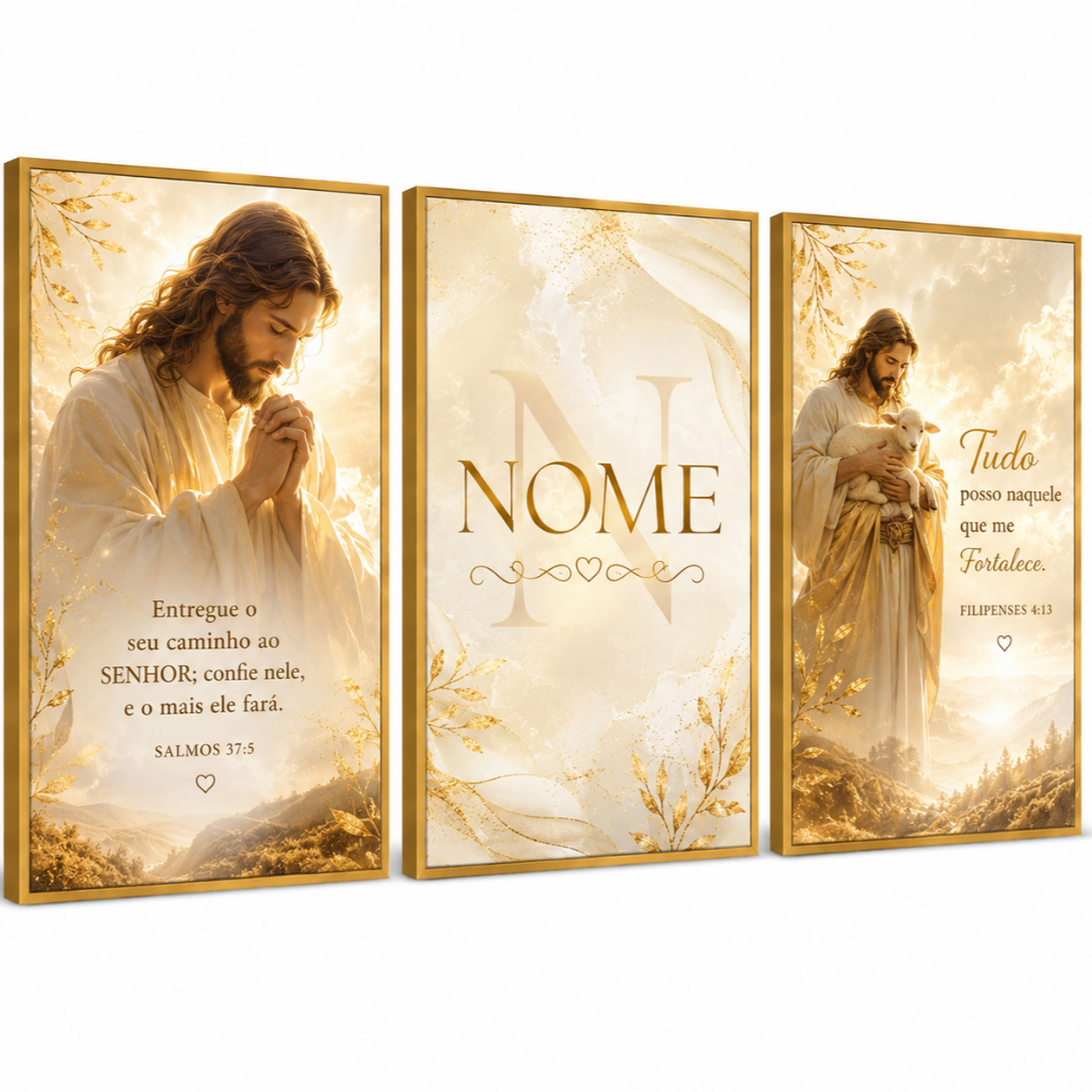 Kit 3 Quadros Decorativos Religioso Frases Bíblicas Dourada Jesus Nome Personalizado Sala Quarto