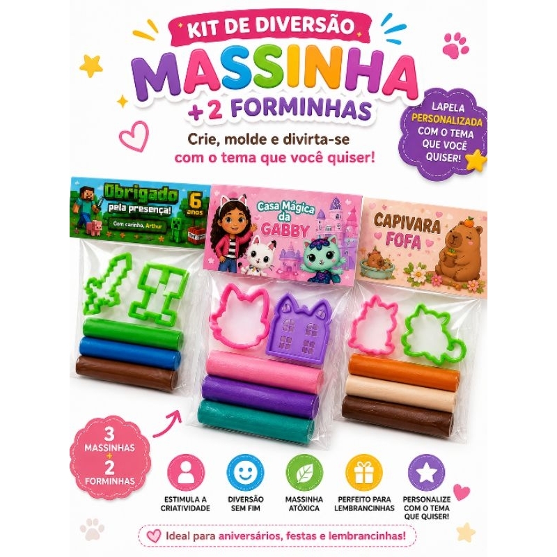 Kit Massinha Infantil Personalizado Lembrancinha de Aniversário com 3 Massinhas + 2 Forminhas Tema Personalizado