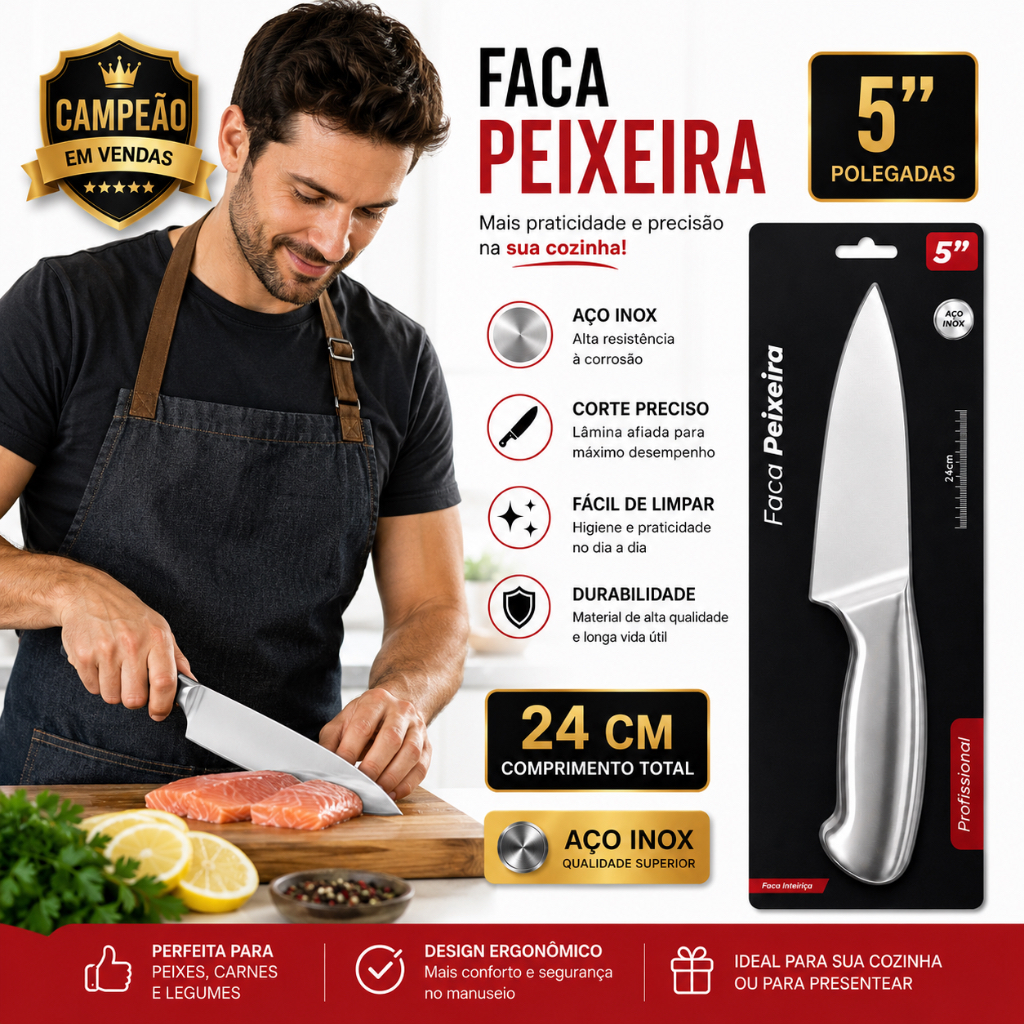 Kit 4 Facas Peixeira Aço Inox 5 6 7 8 Polegadas para Carne Peixe Legumes Cozinha