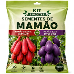 Kit 2 Pacotes Sementes de Mamão Exótico: Papaya Vermelho + Gigante Roxo Para Horta