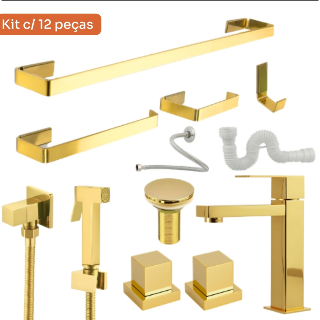 Kit Banheiro Dourado 11 Peças com Torneira, Ducha, Acabamento Padrão Deca, Válvula e Kit Instalação