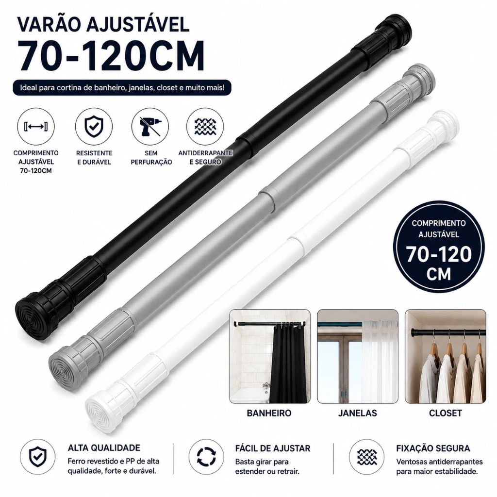 Varão Regulável Banheiro 70 a 120cm Cortina Varal Roupas Multiuso Suporte para Box