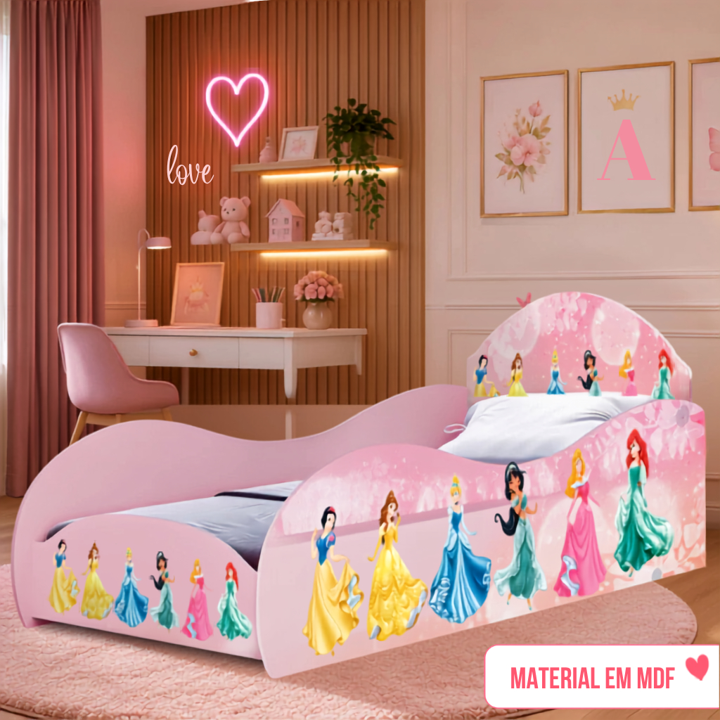 Cama Infantil Princesas Rosa em MDF com Grade Lateral