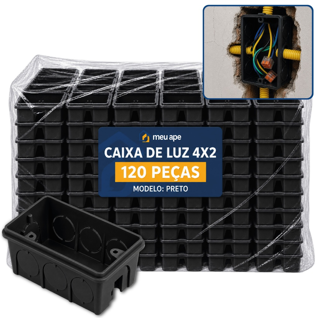 120 Caixa de Luz 4x2 Reforçada P/ Tomada Interruptor Embutir Preto