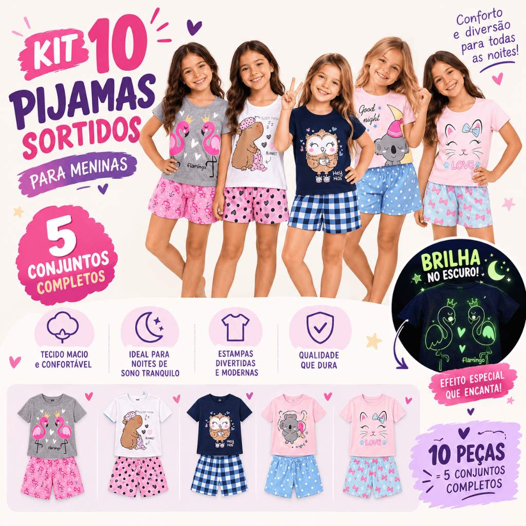 Kit Pijama Conjunto Infantil Feminino Sortido Brilha No Escuro Menina 4 a 10 Peças Verão Tam 1 ao 14