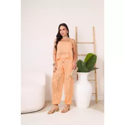 Conjunto Feminino Tricot Rendado Aladin Calça Ballon Jogger com Forro e Regata Bata Chic Moda Elegante Primavera Verão