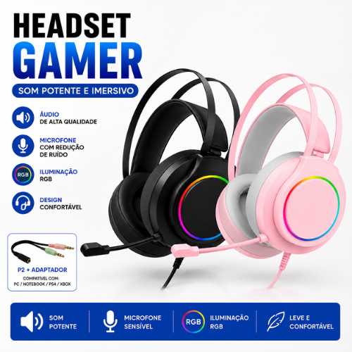 Fone Gamer Led RGB com microfone USB e P2 Para PC Computador Celular Headphone Videogame