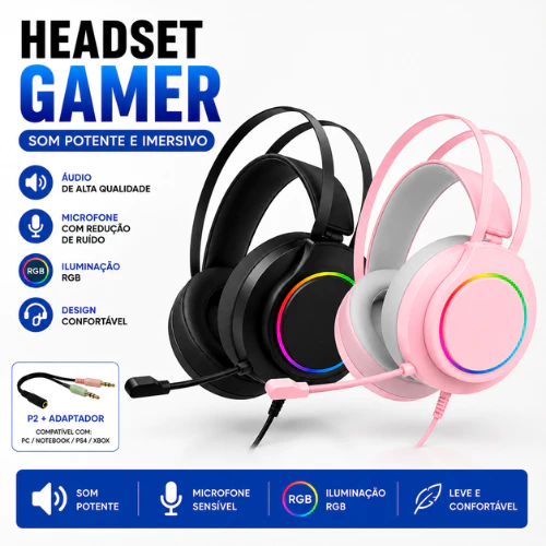 Fone Gamer Led RGB com microfone USB e P2 Para PC Computador Celular Headphone Videogame