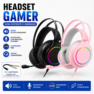 Fone Gamer Led RGB com microfone USB e P2 Para PC Computador Celular Headphone Videogame