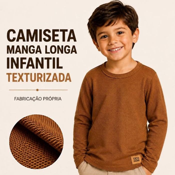 Camiseta Manga Longa Infantil Menino Algodão Malha Texturizada Tam 2 ao 10