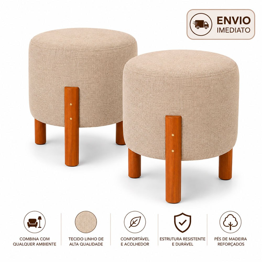 Kit 2 Puffs Redondos Decorativos com Pés de Madeira Linho Bege para Sala Quarto e Penteadeira