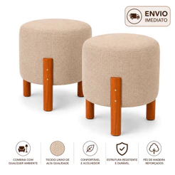 Kit 2 Puffs Redondos Decorativos com Pés de Madeira Linho Bege para Sala Quarto e Penteadeira