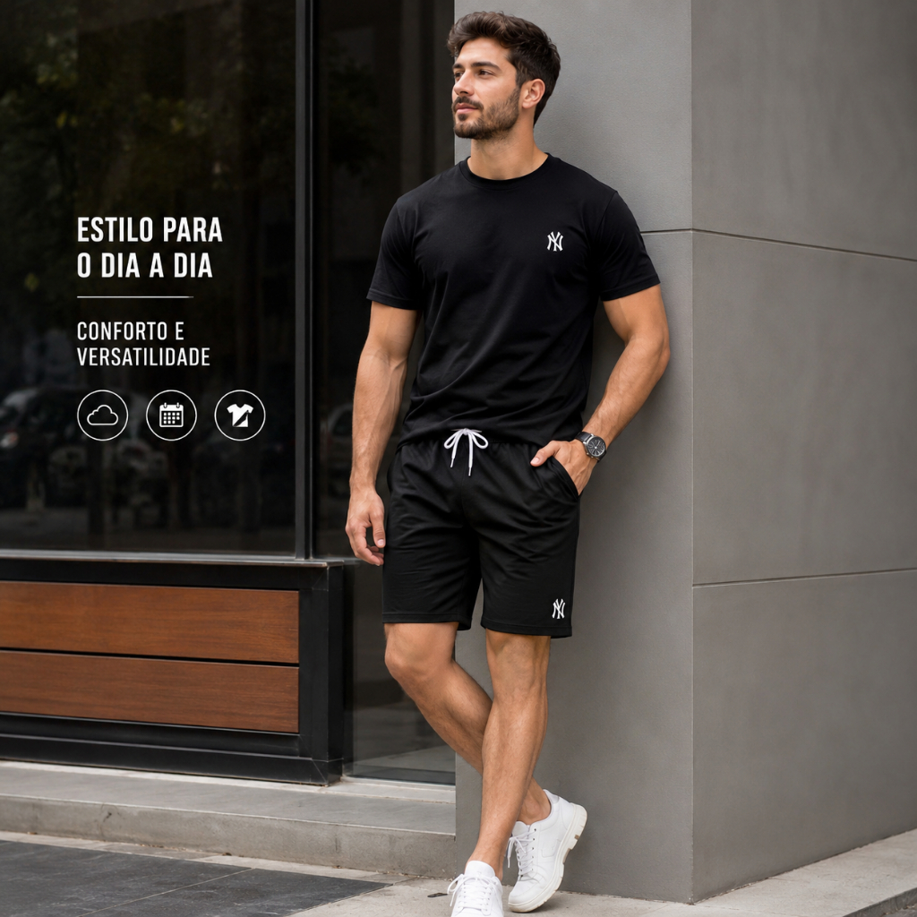 Conjunto Masculino NY Camiseta Manga Curta e Bermuda Shorts Casual Esportivo Kit Masculino NY Camiseta e Bermuda Confort