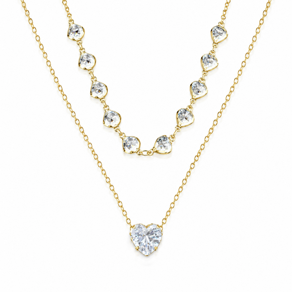 Colar Duplo Coração com Zircônia 10mm | Ouro ou Prata