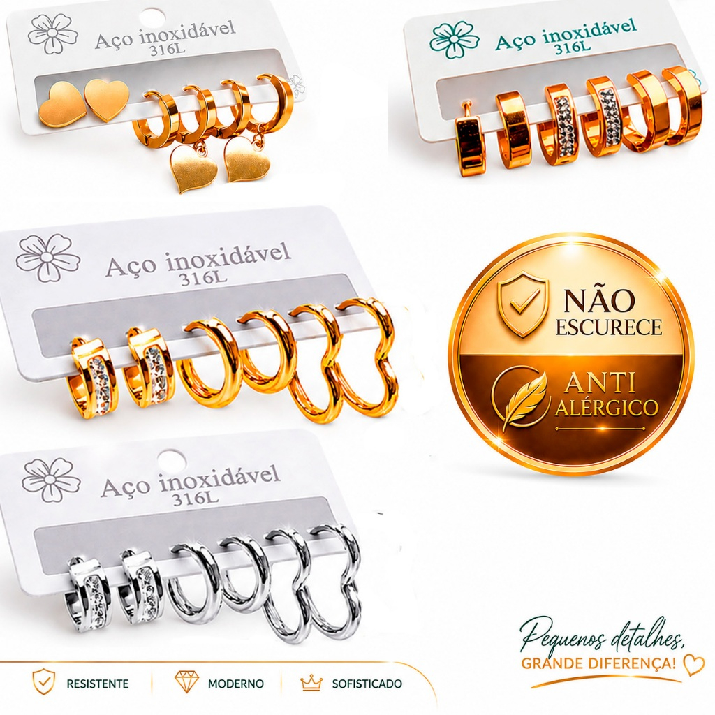 Conjunto 6 Peças de Brincos Aço Inoxidável com Zircônia Vintage Antialérgico Não Escurece