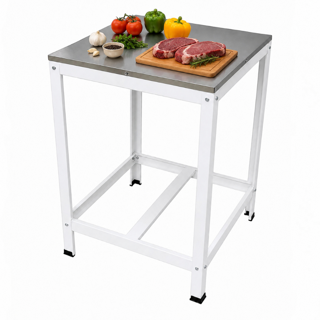 Mesa De Serviço Bancada Confeitaria 60x60cm Com Prateleira Grade E Tampo Em Inox Linha Multiuso