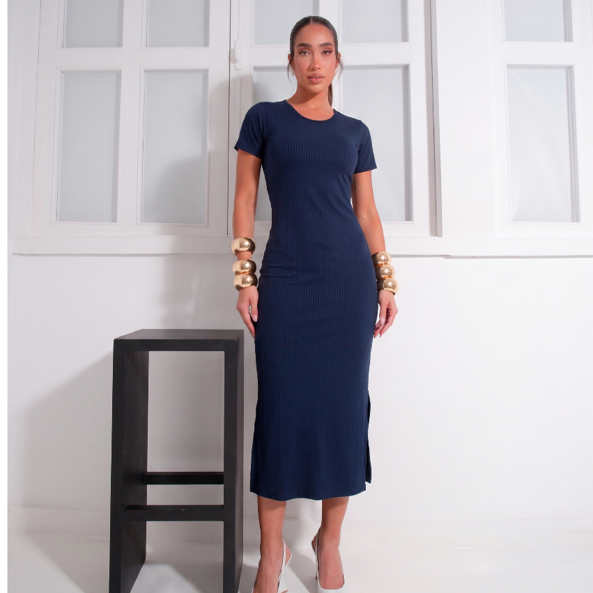 Vestido  Midi Canelado Casual Longo Social Moda Estiloso Vestidos Manga curta Gola Redonda Evangelico