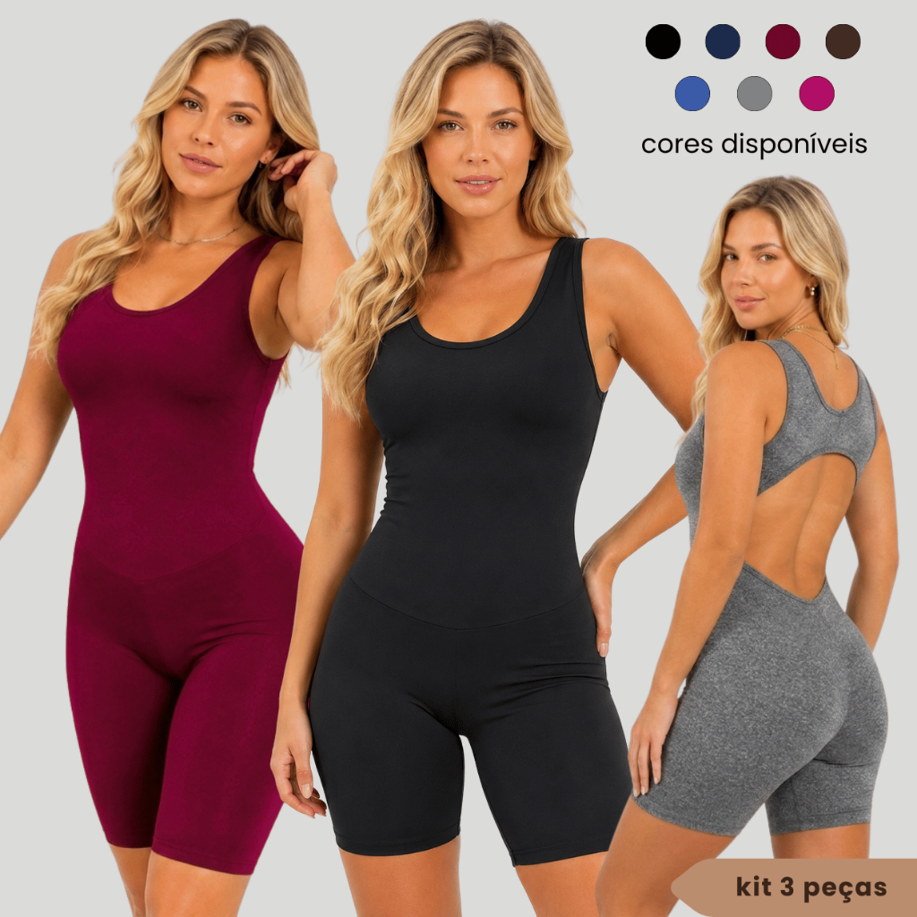 Kit 3 Macaquinho Fitness Academia Treino Feminino Curto Costas Aberta Suplex Modelador Compressão
