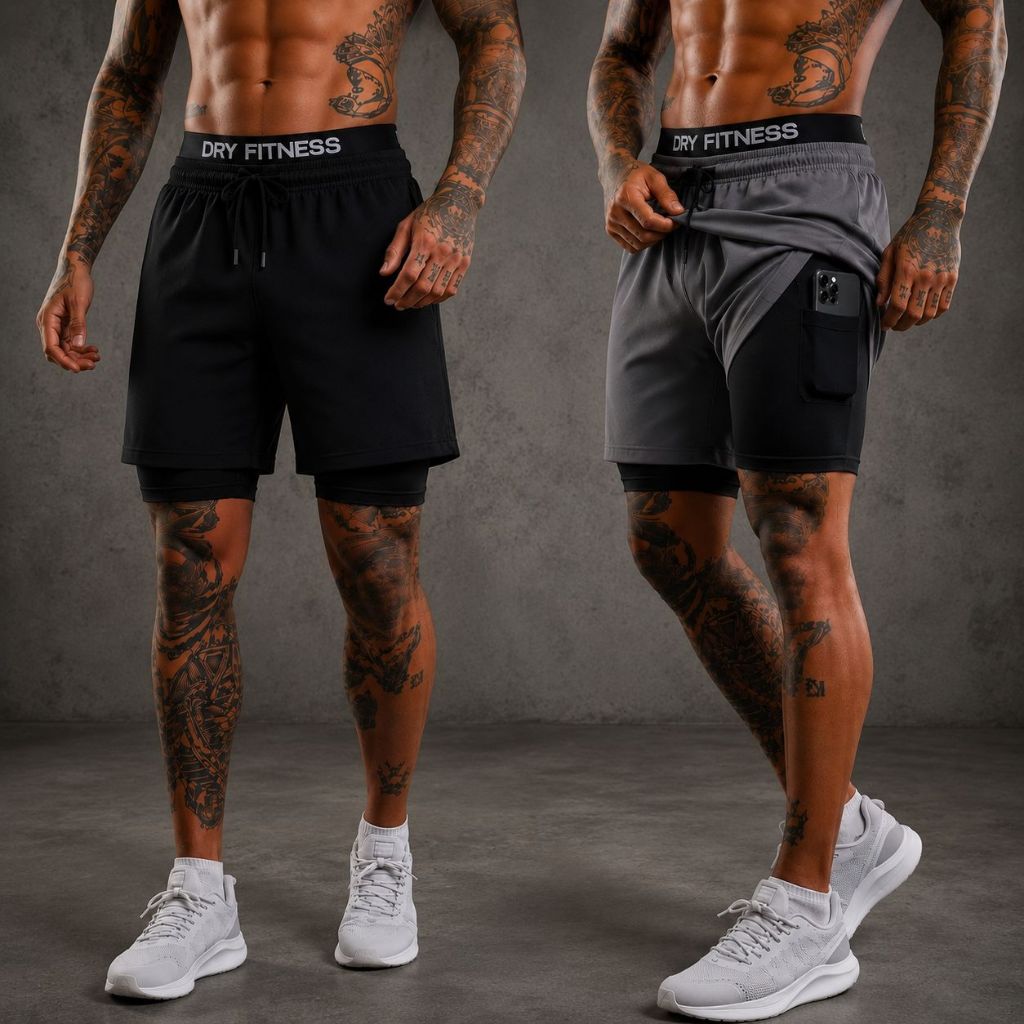 Kit 2 Shorts 2 em 1 Masculino Dry Fit Bermuda Compressão Elastano Bolso Celular Academia Corrida Secagem Rápida