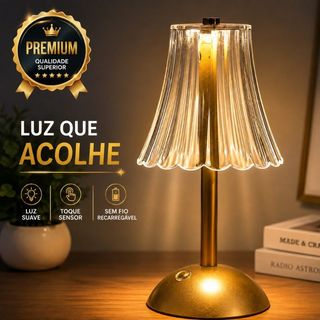 Luminária de Mesa LED Touch Recarregável 3 Tons de Luz Abajur Sem Fio Dourado Retrô 30cm