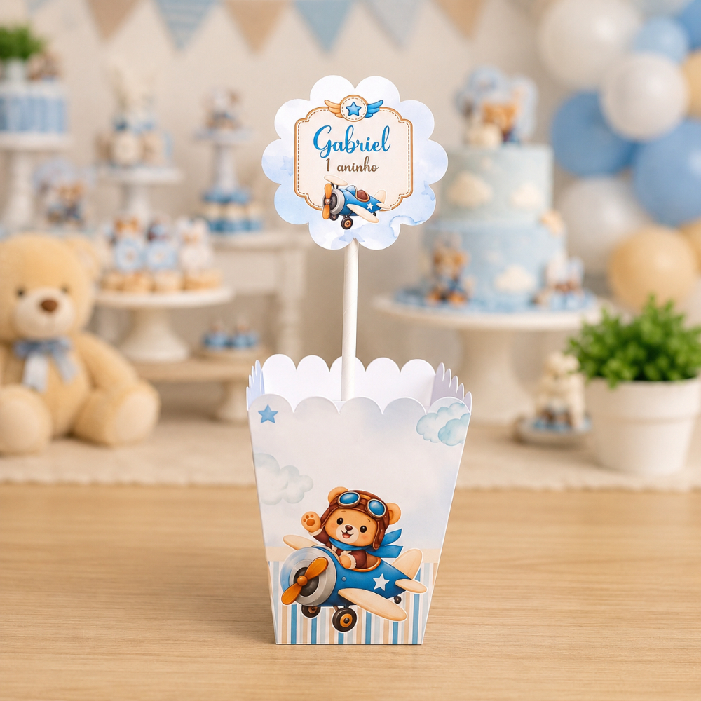 Centro de Mesa Ursinho Aviador O Tempo Voa | Personalizado | Enfeite Decoração para Festa | Aniversário