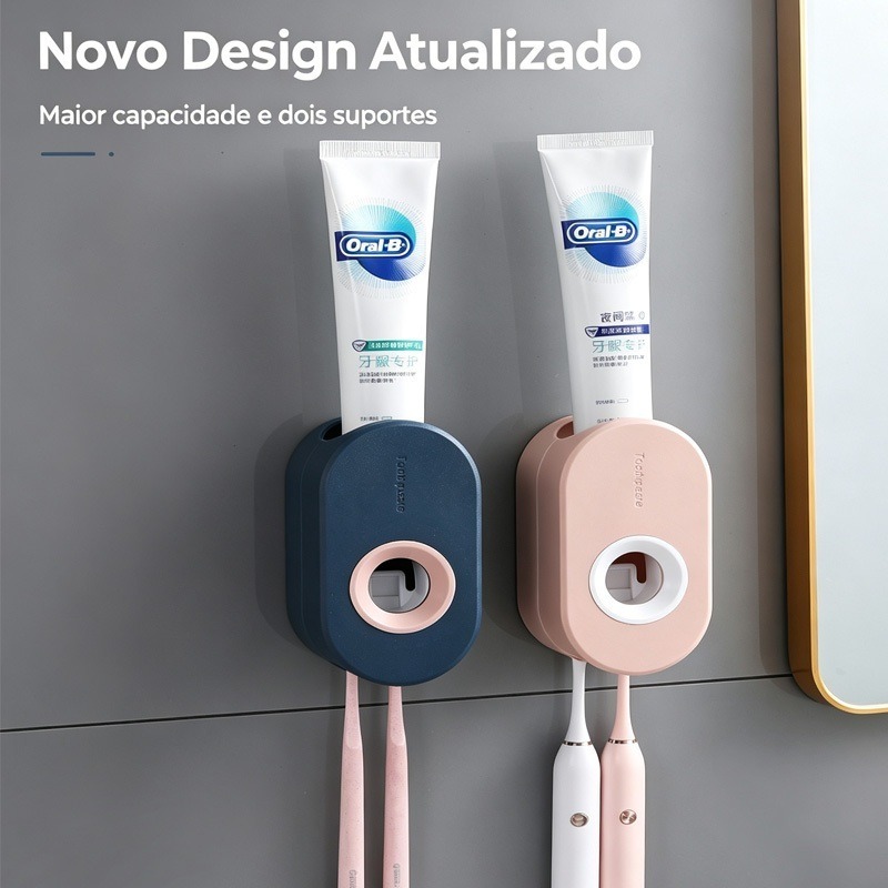 Dispenser Automático de Pasta de Dentes Suporte de Escova de Dentes Adesivo Sem Furo para Banheiro Organizador de Parede