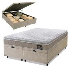 Cama Box Baú Casal Queen Colchão Espuma D33 Pillow Top Millenium 158x198x60cm Suede Bege/Branco