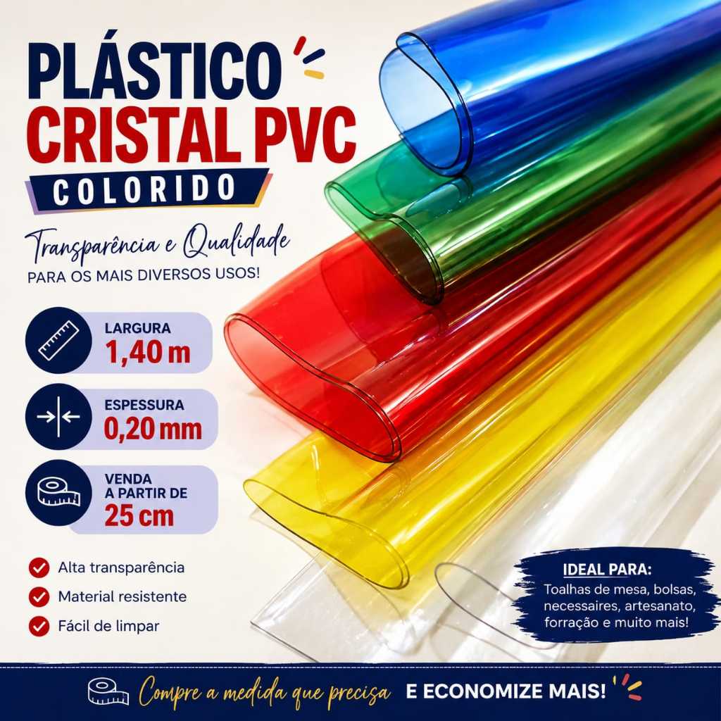 Plástico Cristal PVC 0,020 mm/larg 1,40 mt/ Uso doméstico ou industrial/diversos tipos de confecções