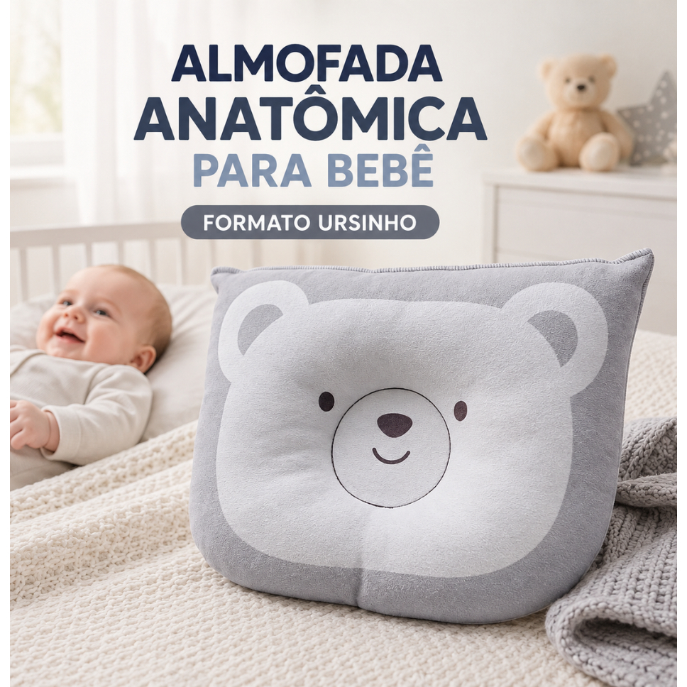 Almofada Anatômica Bebê Recém-Nascido Ursinho Apoio para Cabeça Confortável