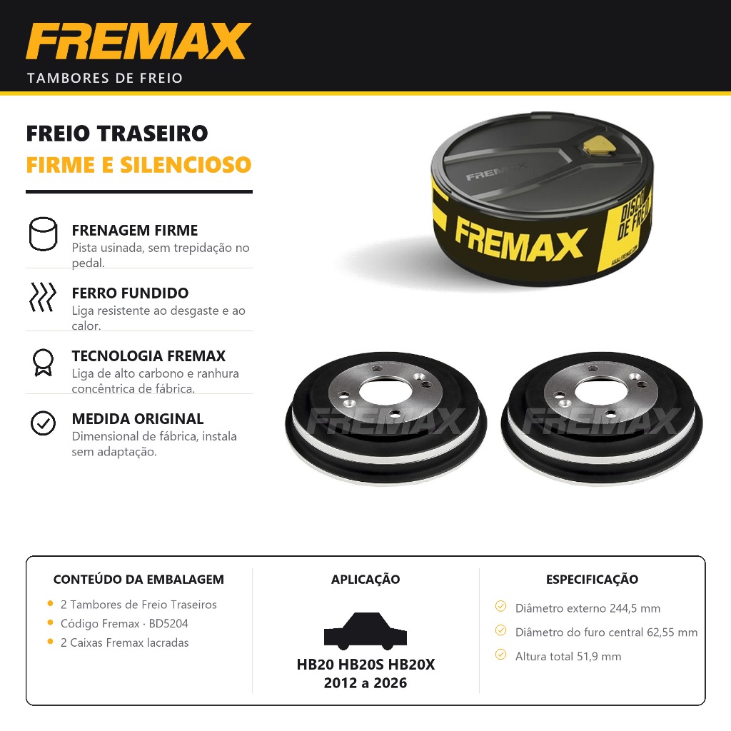 Par Tambor de Freio Traseiro HB20 HB20s HB20x Fremax