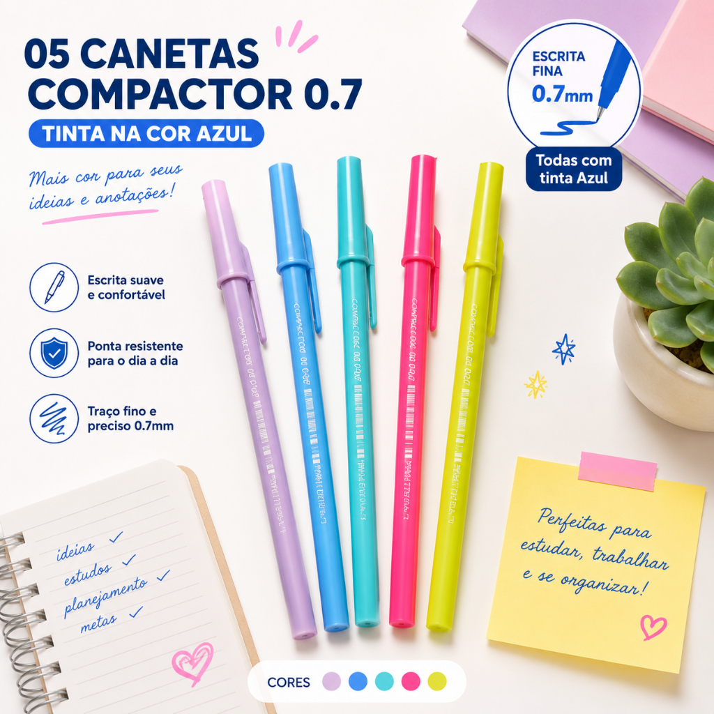 05 Canetas Esferografica Compactor Pop 0.7mm  Escrita Fina Tinta cor Azul