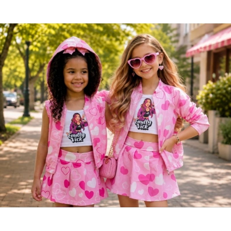 Conjunto Emily vick Infantil Menina 3 perças , Cropped + Short Saia e Cortar vento. E os modelos maravilhosos