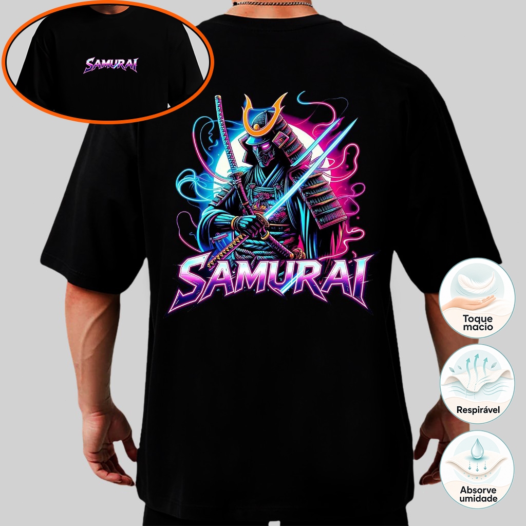 Camiseta Masculina Oversized Estampa Samurai Neon Frente e Costura Camiseta Casual Algodão Confortável para Homem