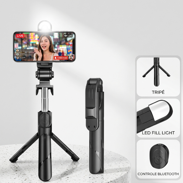 Tripé Selfie 1,7M / 80CM com Luz LED Bluetooth Controle Remoto para Fotos e Vídeos