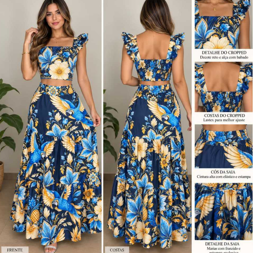 CONJUNTO SAIA LONGO LEMENINO CROPPED CON BOJO TECIDO CREPINHO ESTAMPADO