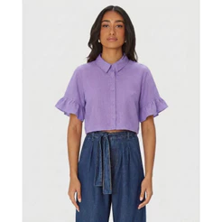Camisa Cropped Feminina Manga Com Babado Em Tricoline