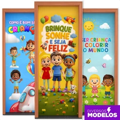 Capa de Porta Dia das Crianças Decorativa Veste Porta Sublimado 0,80x2,10m Em Tecido C/Elástico