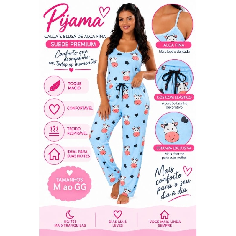 Pijama Feminino Calça e Blusa de Alça em Suede Premium Estampado | M ao GG — imagem 2 de 2