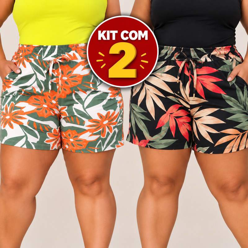 KIT com 2 Short Feminino Plus Size Estampado Casual Básico Dia a Dia