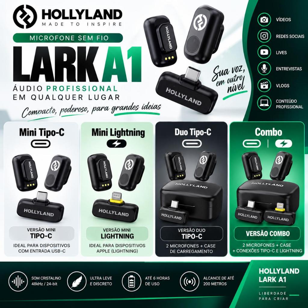 Microfone de Lapela sem fio Hollyland Lark A1 Versão Combo | Duo Usb Tipo-C | Mini Duo Tipo-C