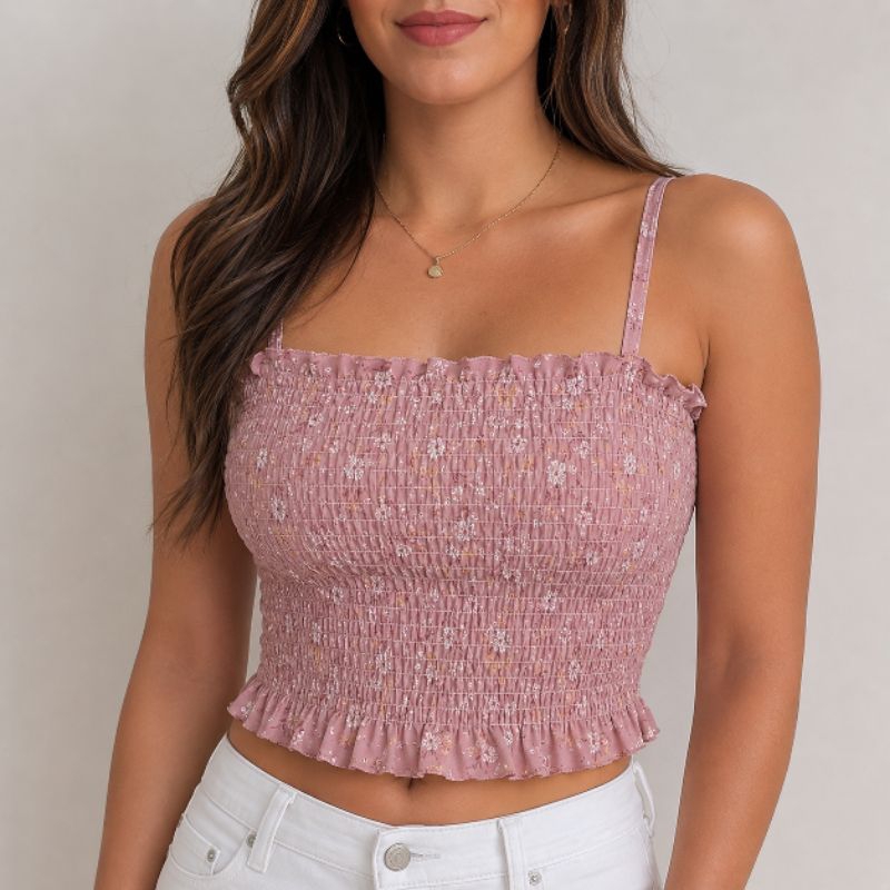 Blusa Feminina Irís Cropped Alcinha  regulável em Elastéx Moda Casual Confortável e Versátil para Primavera/Verão